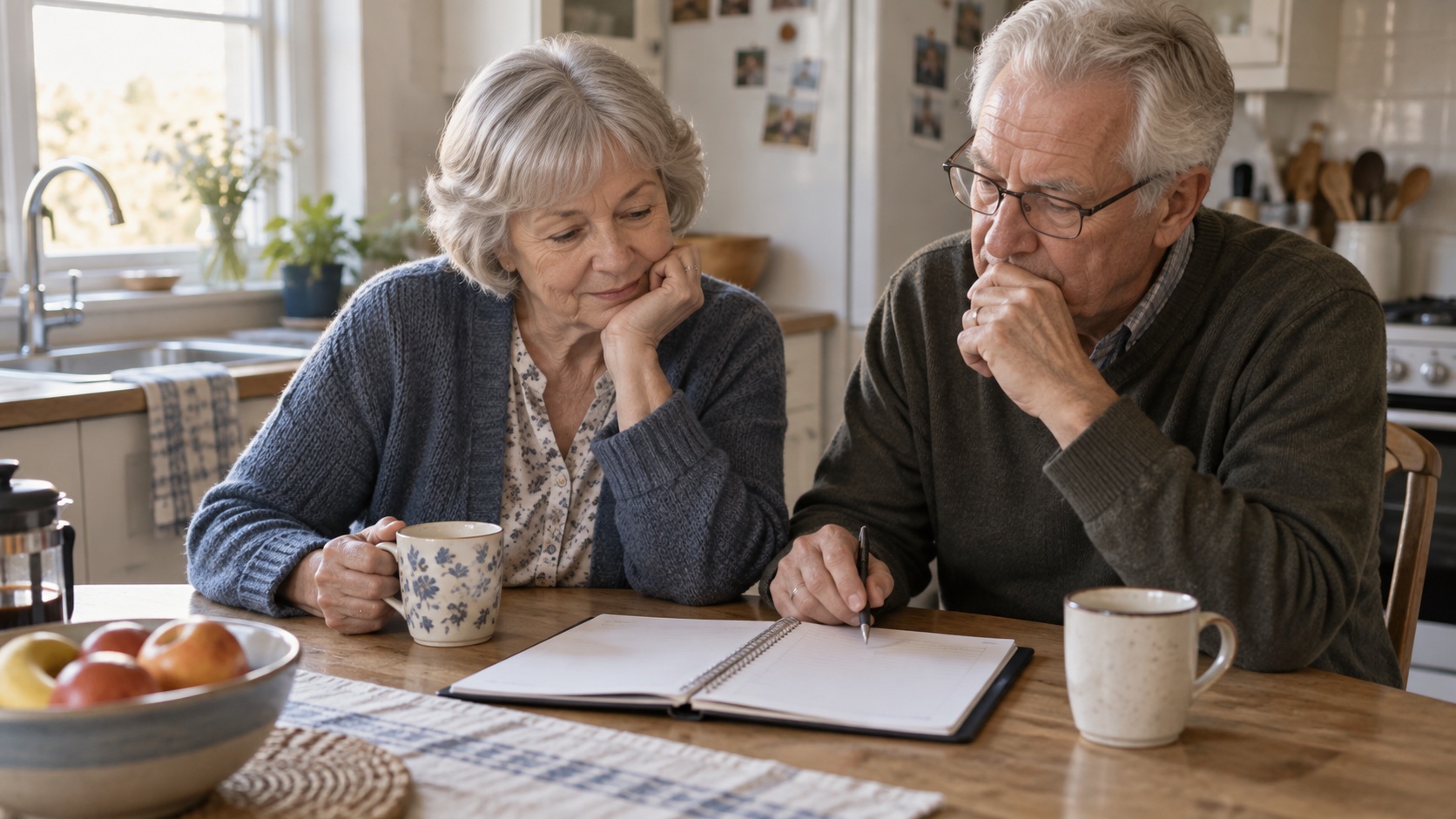 Older couple reviewing a blank planner at home.