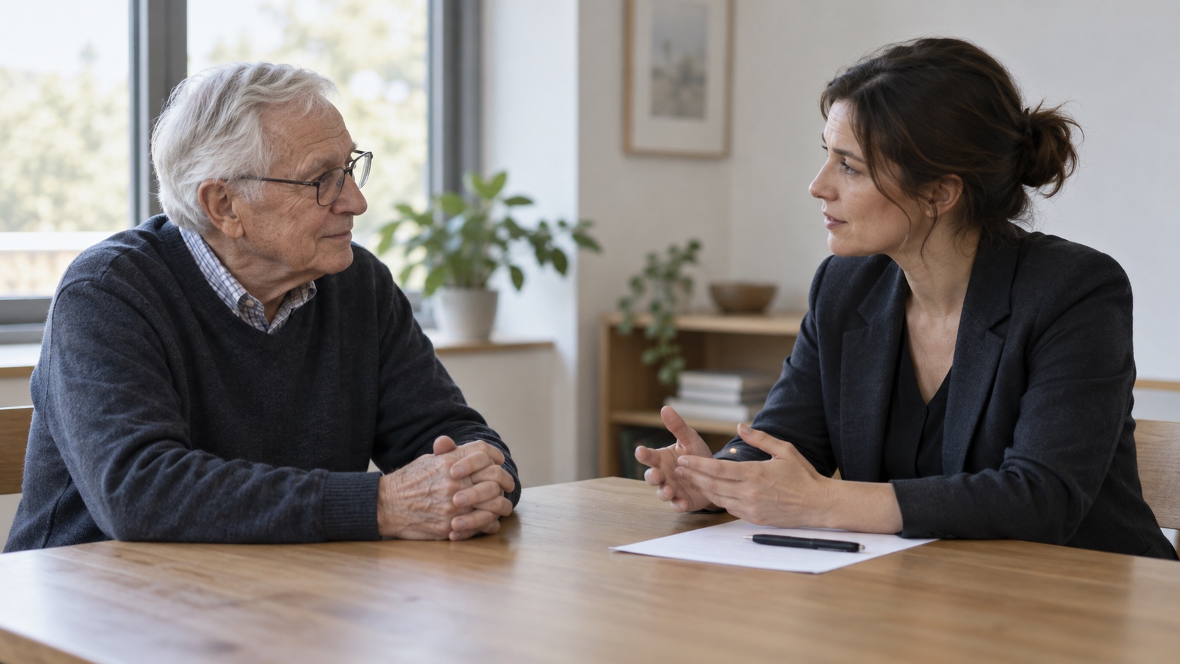 Older adult speaking with a researcher across a table.