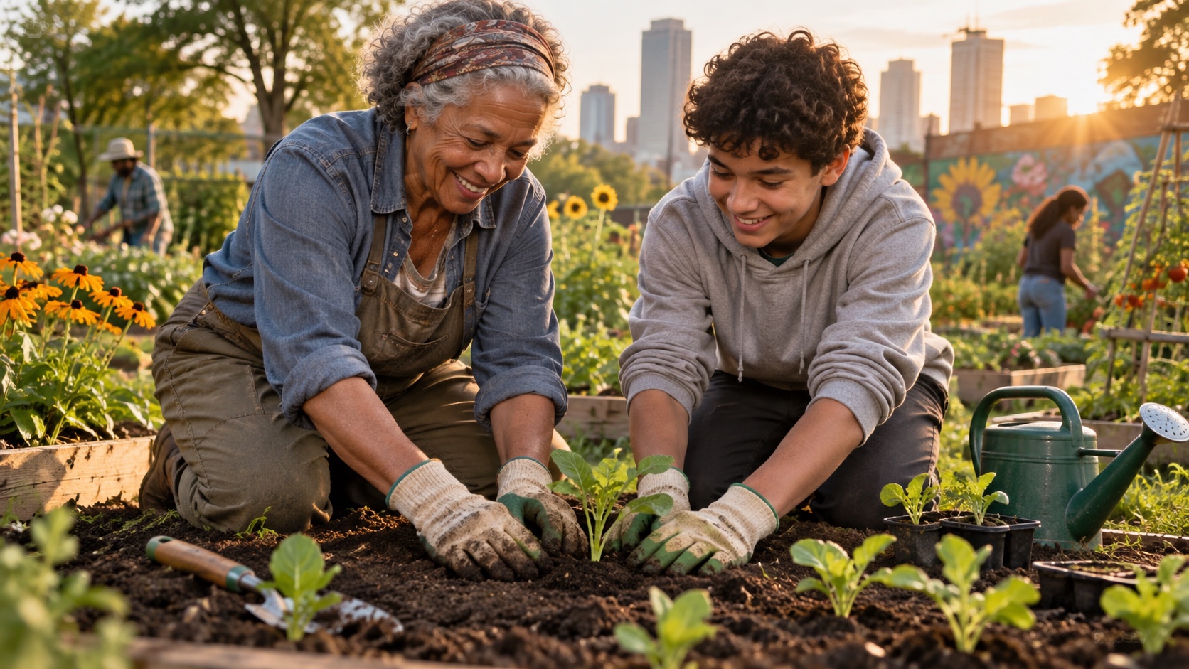 Older adult and teenager planting seedlings together in a garden.
