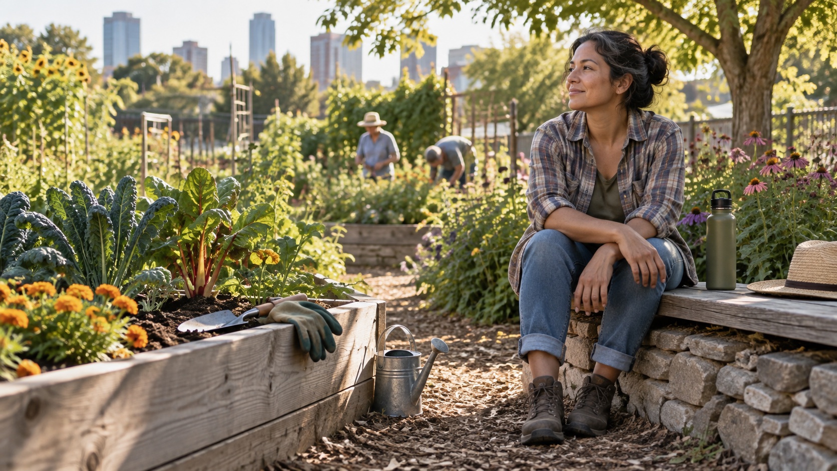Volunteer resting on a garden bench with water nearby.