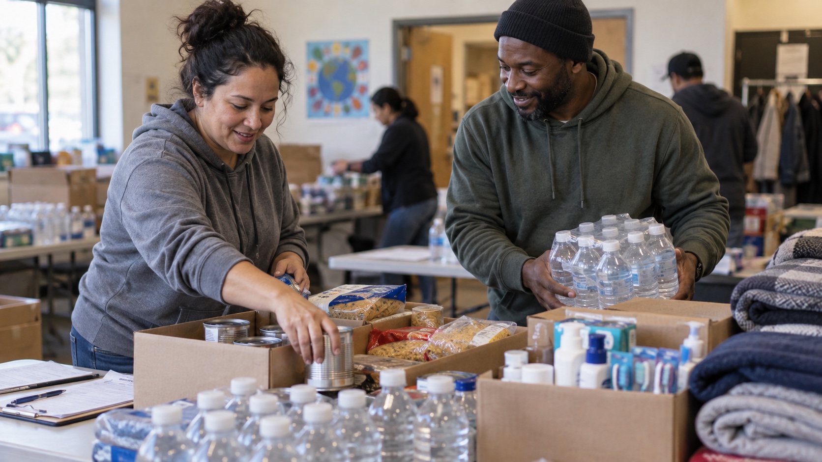 Two volunteers arranging supplies at a community table.