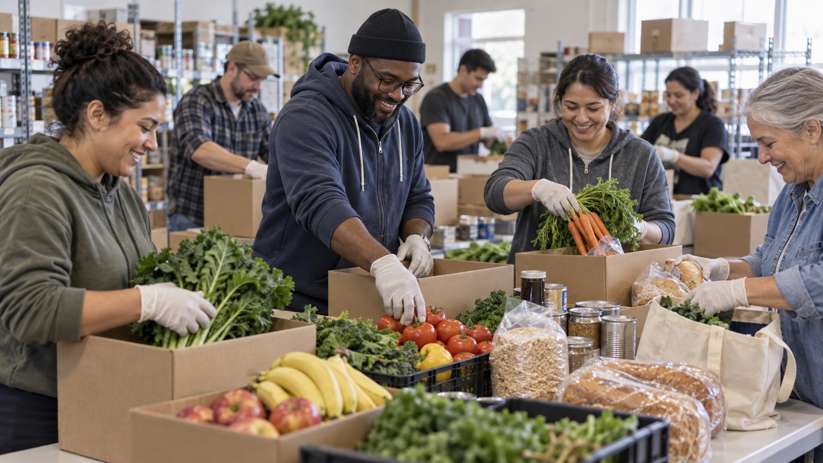 Volunteers preparing groceries together at a community pantry.