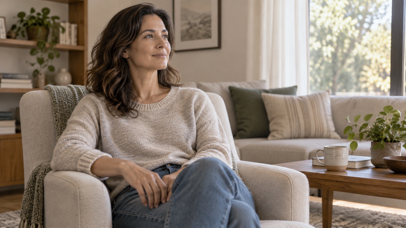 Adult sitting quietly in a chair in a calm home.