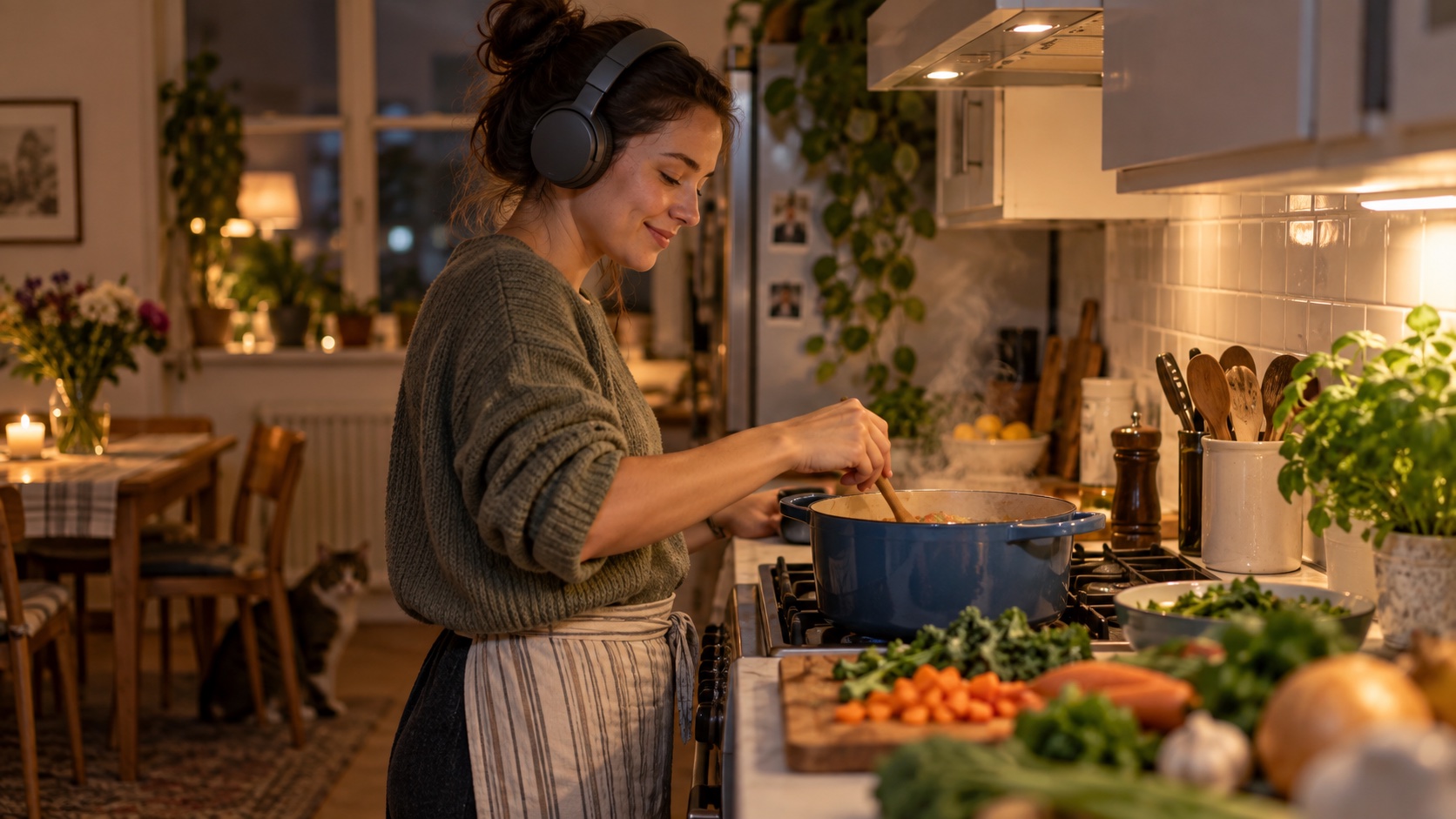 Adult listening to headphones while preparing dinner.