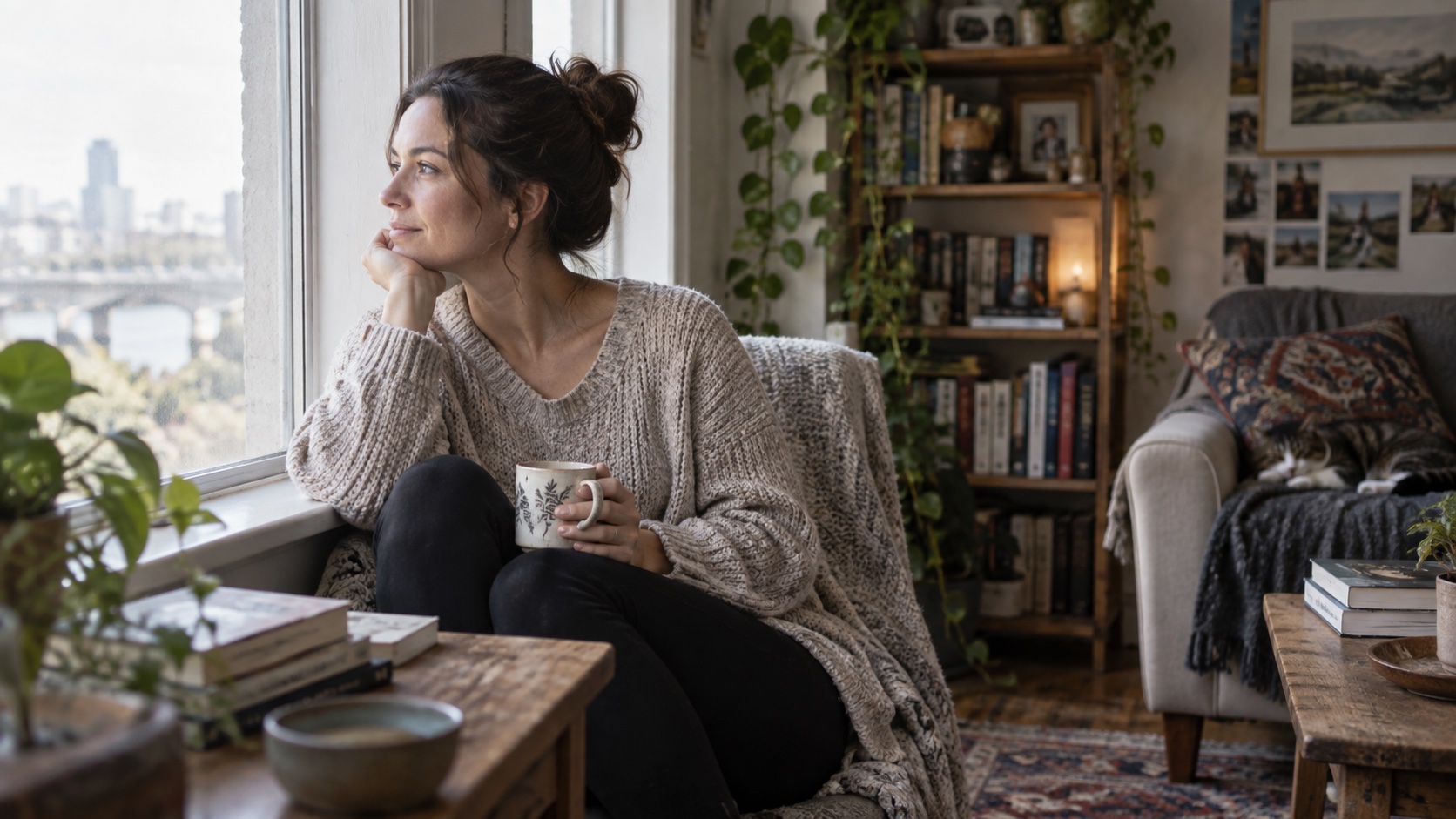 Adult sitting beside a bright window in a lived-in home.