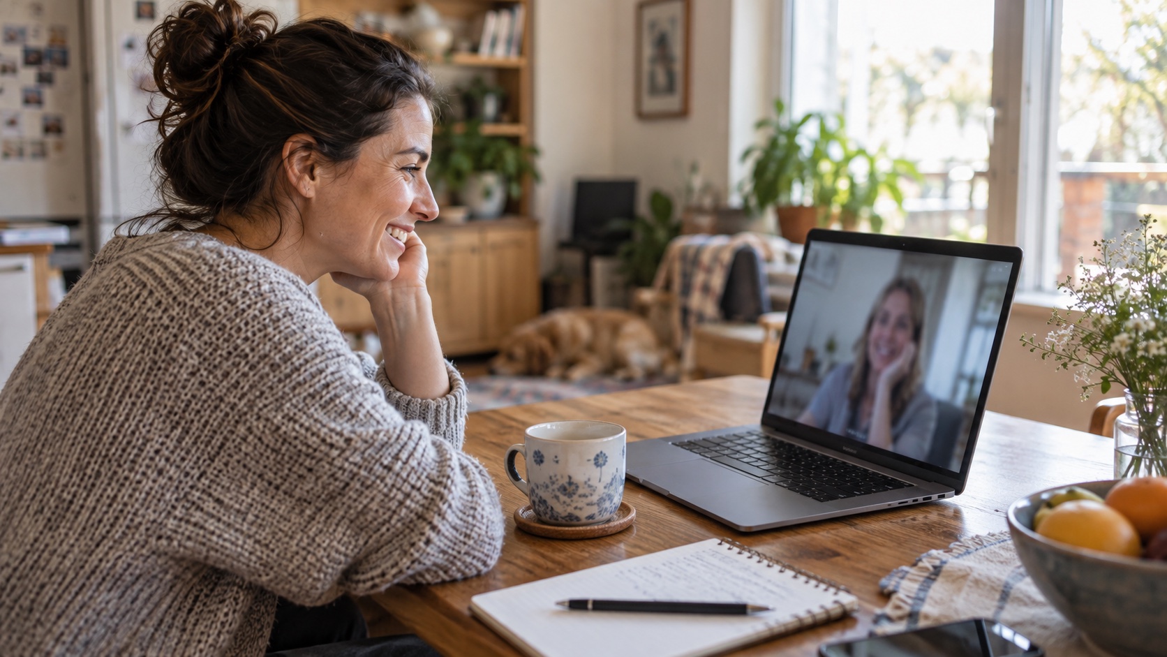 Adult using a laptop for a video call at home.