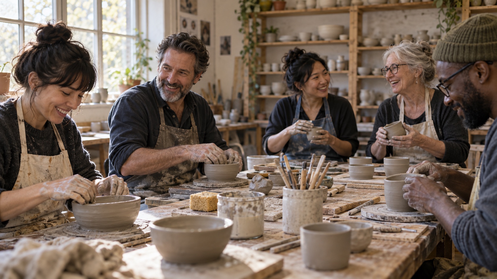 Adults of varied ages working with clay at a shared ceramics table.
