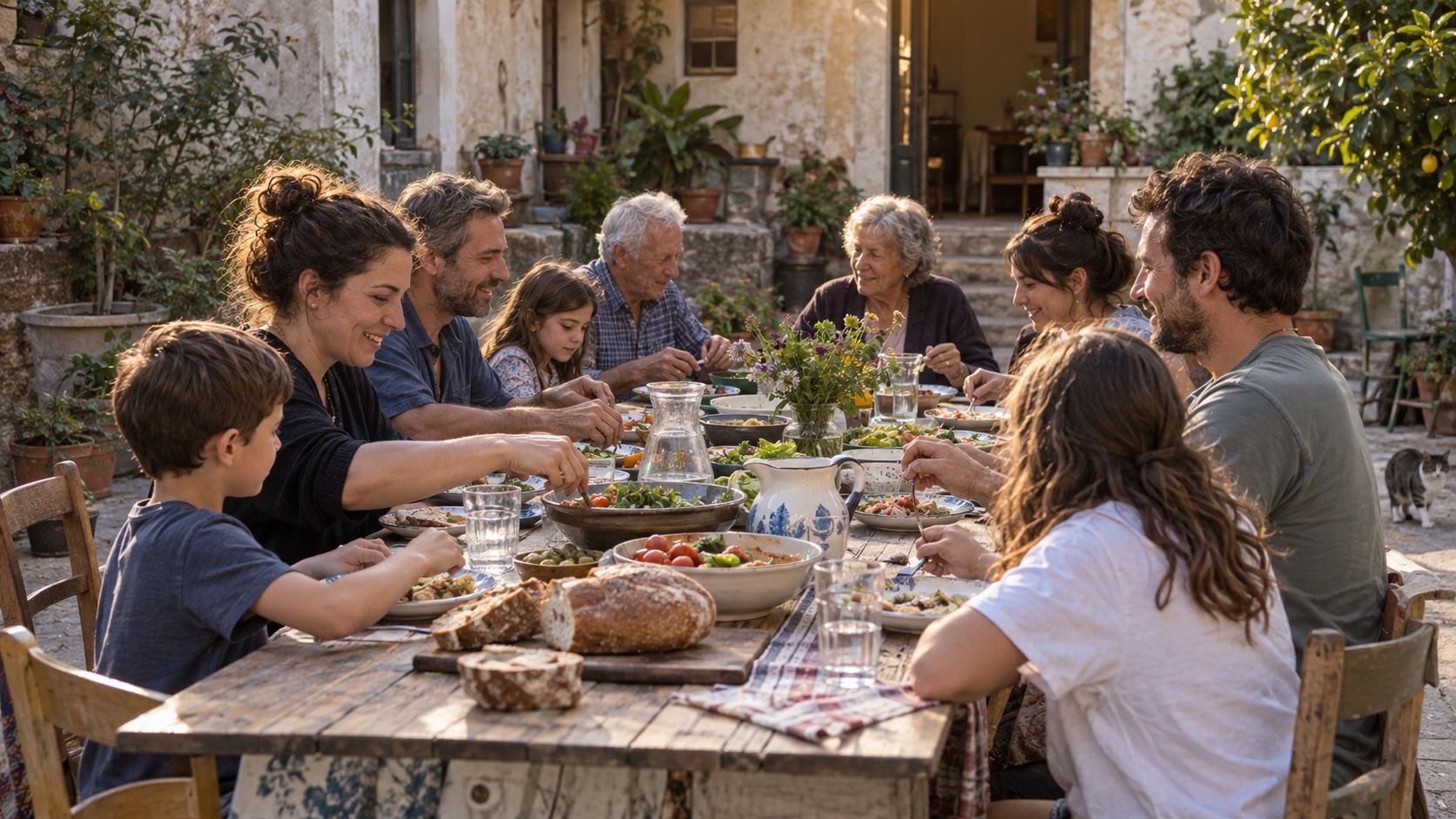 Neighbors of varied ages sharing an outdoor meal.