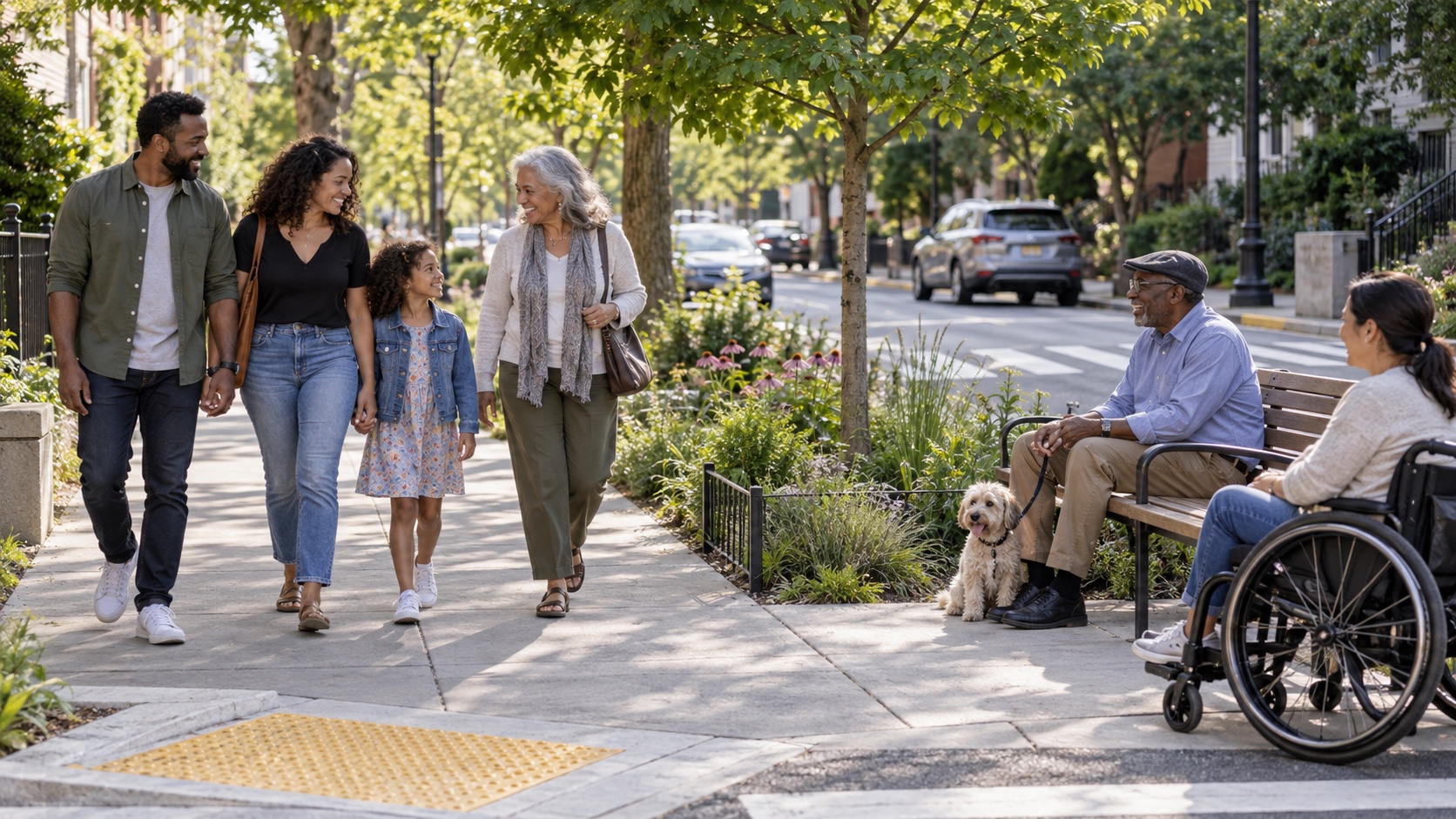 Neighbors walking along a tree-lined sidewalk beside a bench and green space.