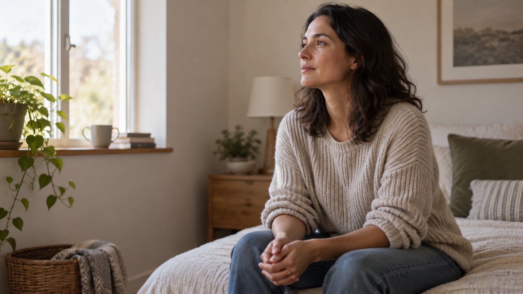 Adult sitting contemplatively in a simple private room.