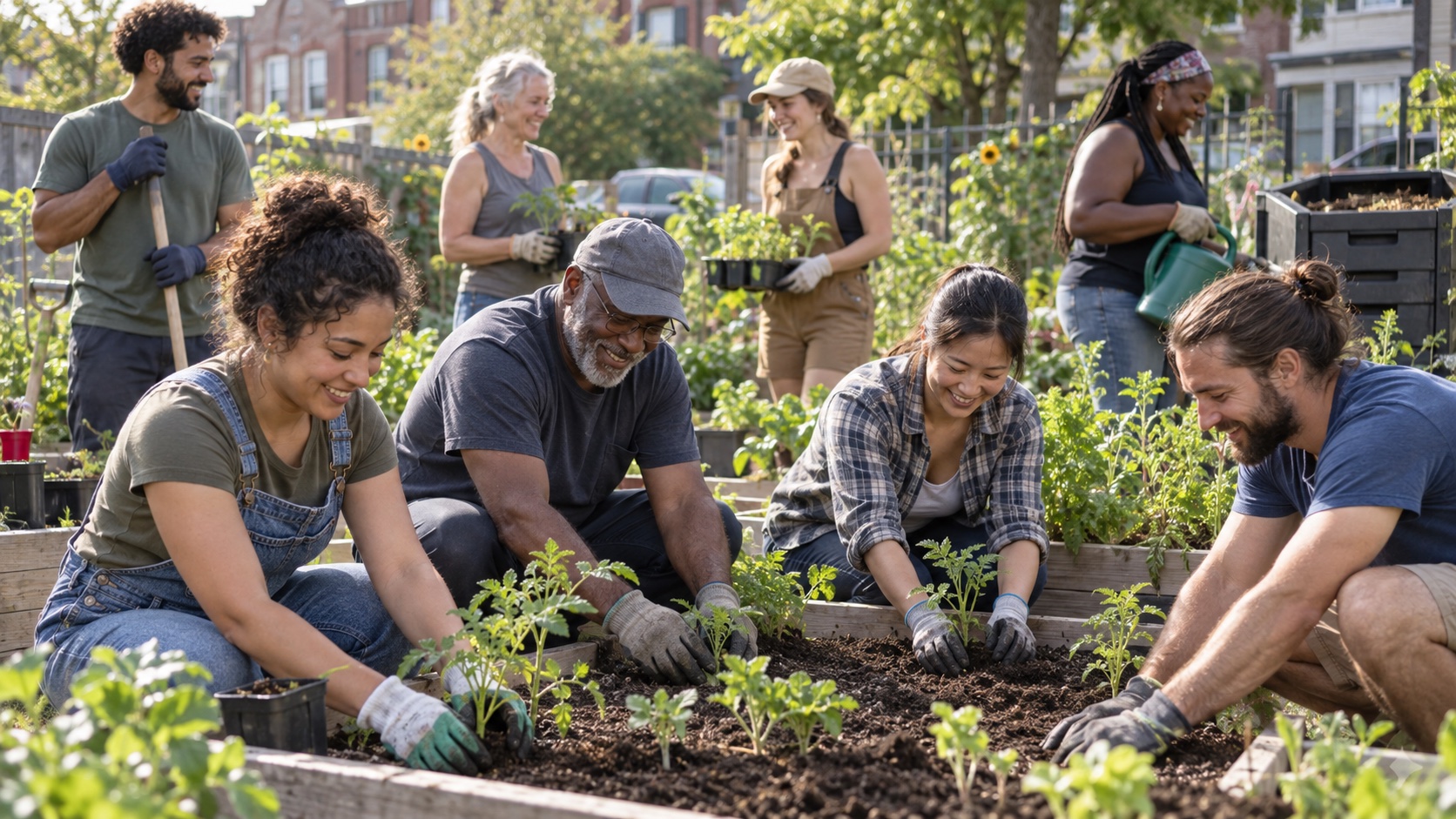 Volunteers planting seedlings together in a community garden.