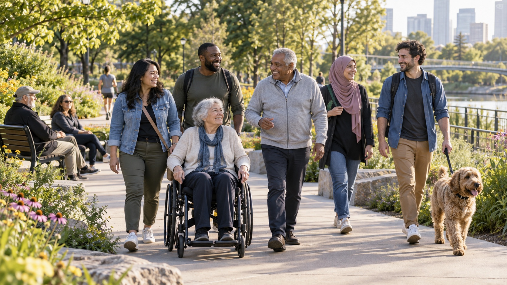 Adults of varied ages walking through a neighborhood park.