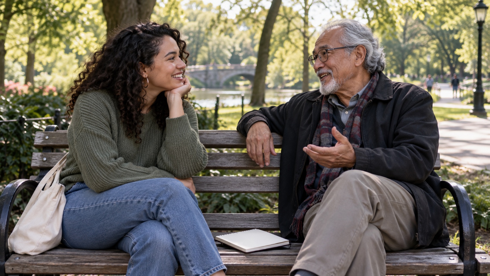 Two friends talking together on a park bench.