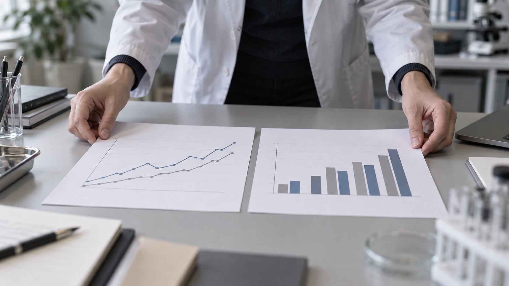 Hands arranging two blank paper charts on a desk.