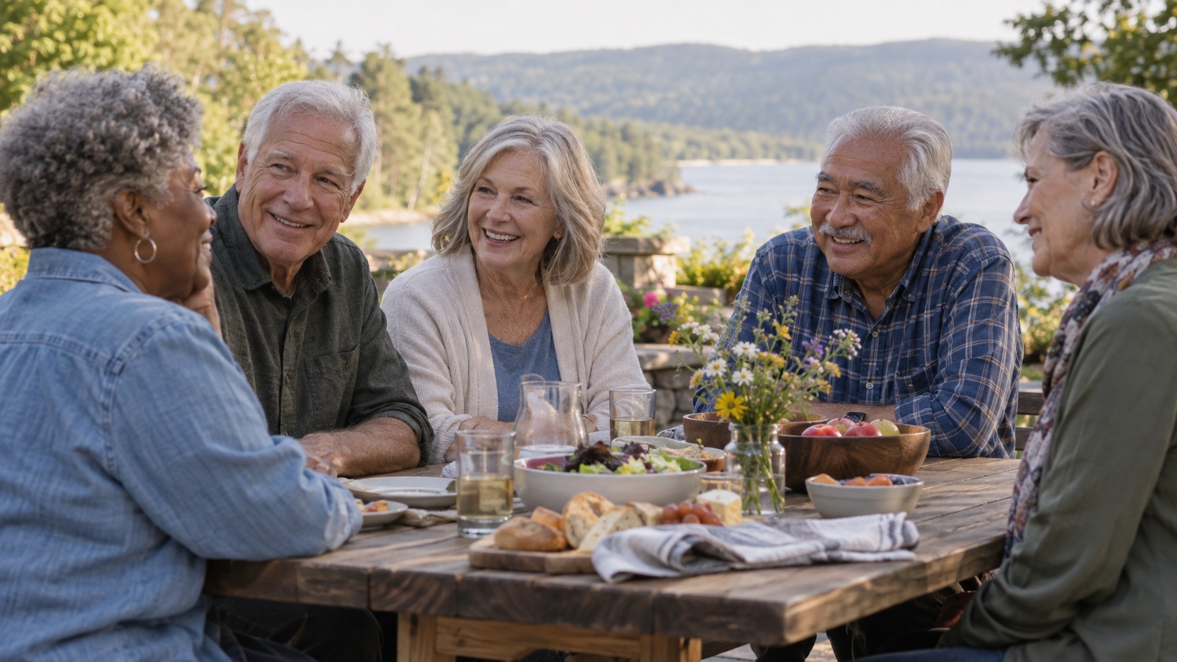 Older couple sharing conversation with friends outdoors.
