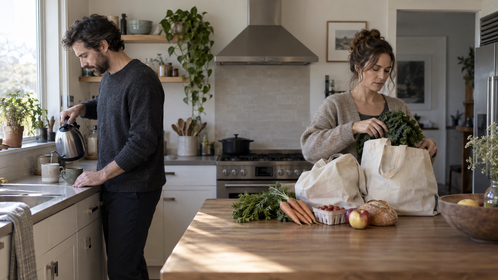 Partners carrying out ordinary kitchen routines.