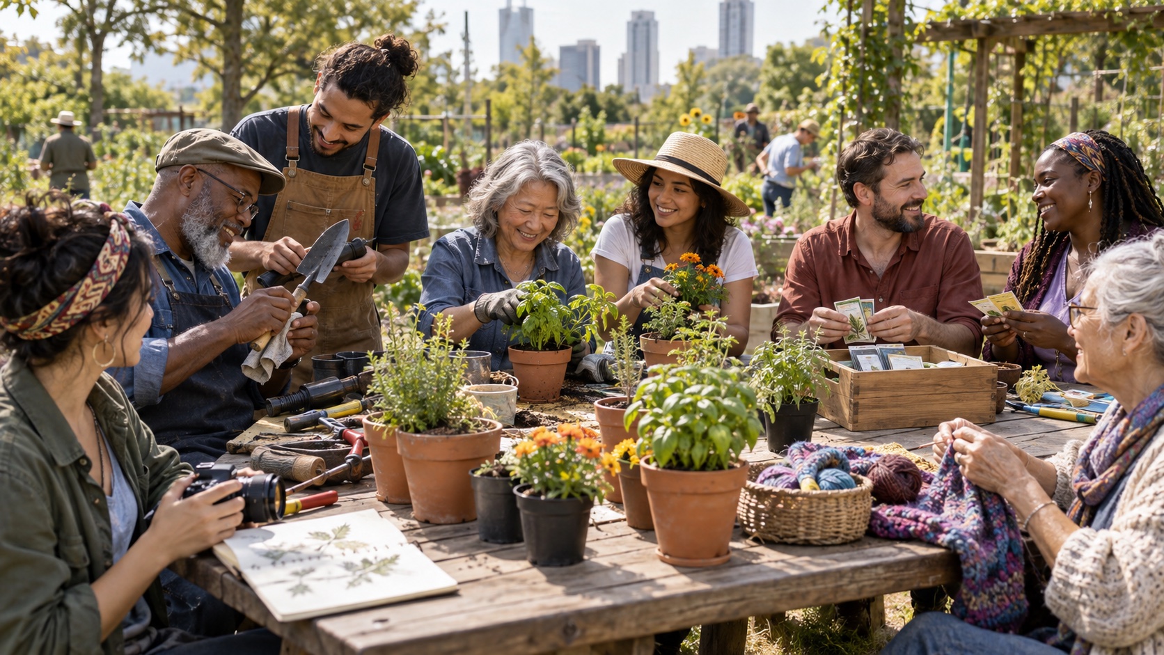 Adults sharing a garden task around an outdoor table.