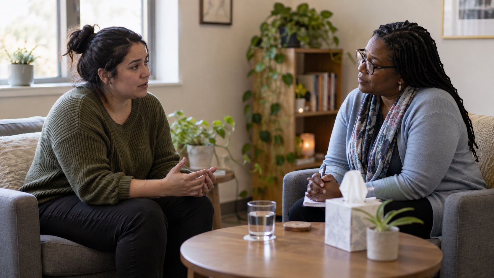 Adult speaking privately one-to-one with a support advocate.