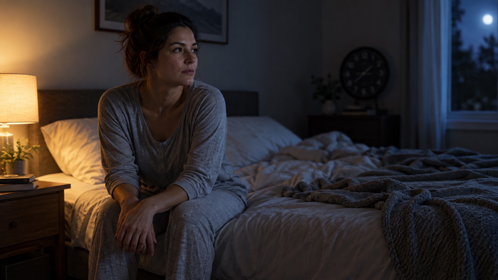 Adult sitting awake in a dim bedroom at night.