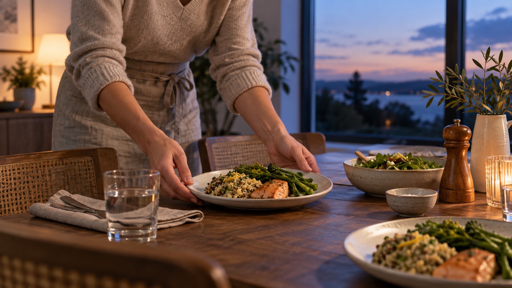 Adult placing a simple evening meal on a dining table.
