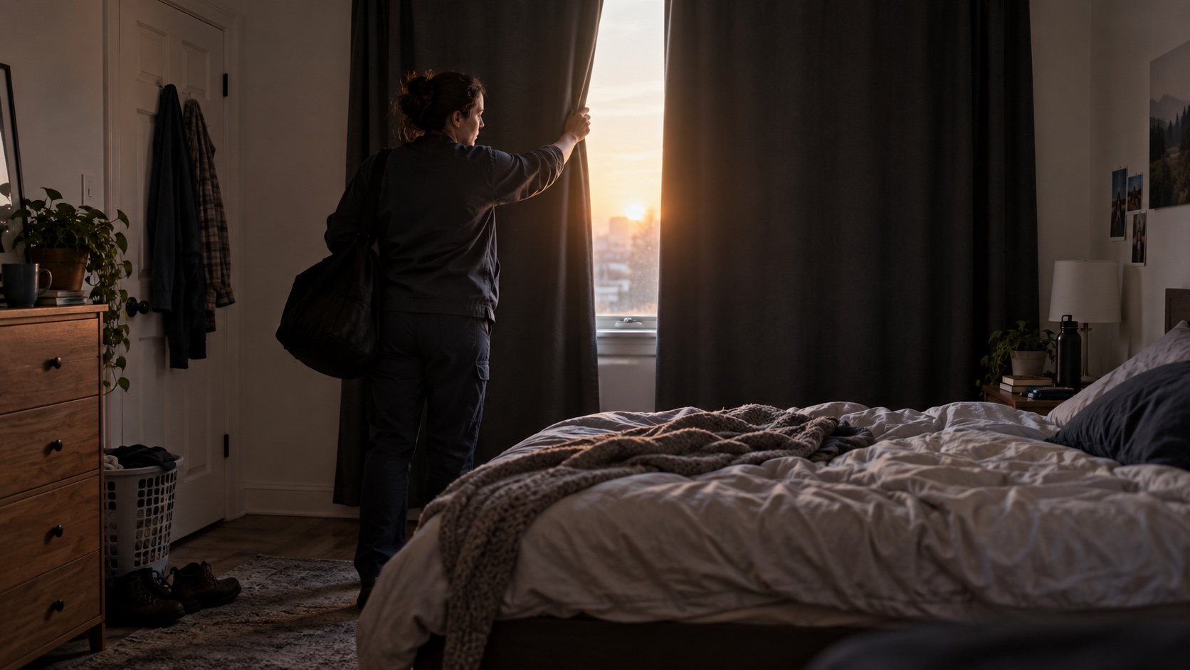 Worker drawing blackout curtains in a bedroom at dawn.