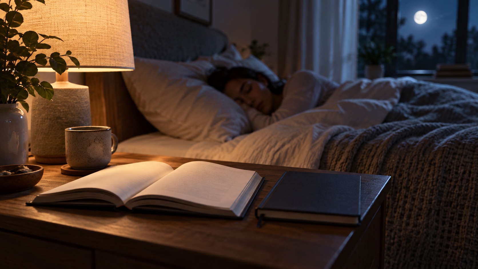 Open book and closed notebook beside a sleeping adult.