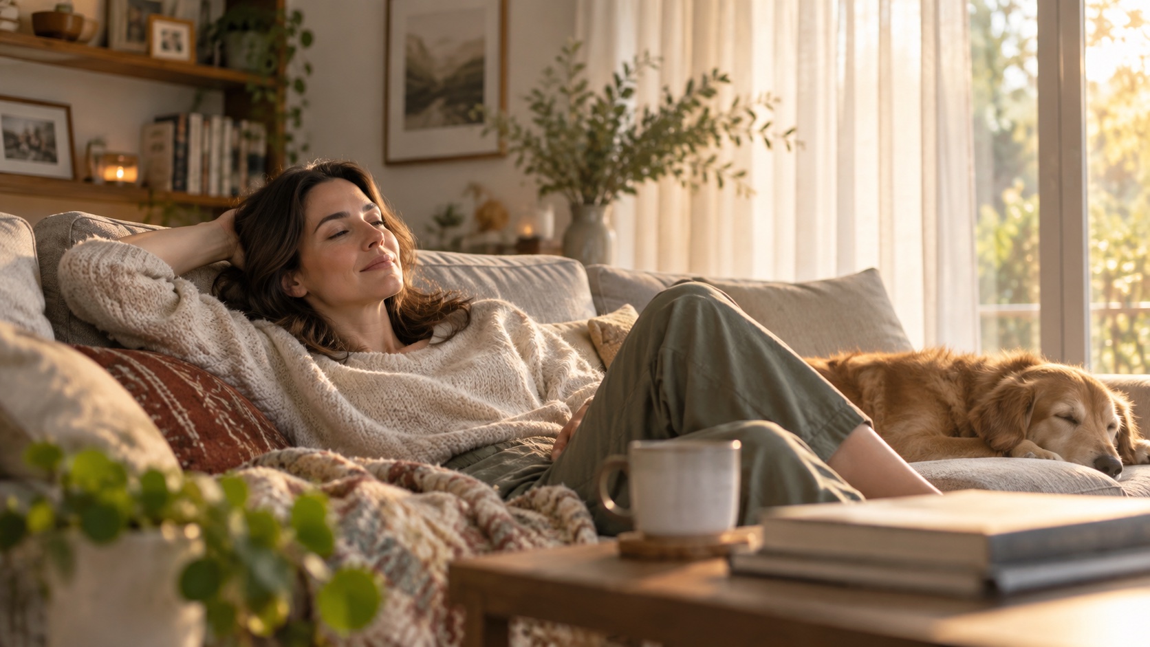 Adult resting on a sofa in afternoon light.