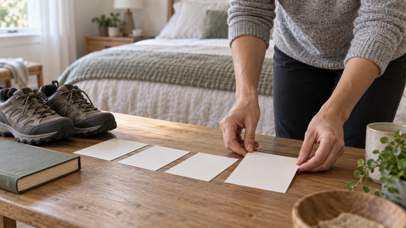 Adult placing walking shoes beside a bed.