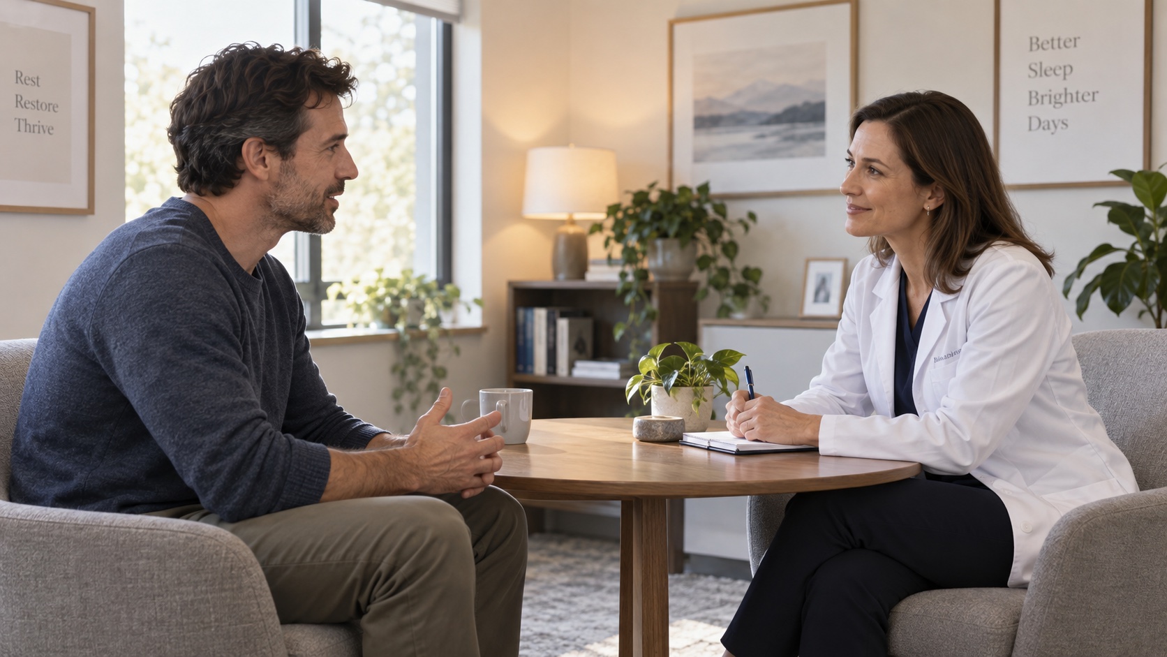 Adult speaking with a sleep clinician in a calm consultation room.