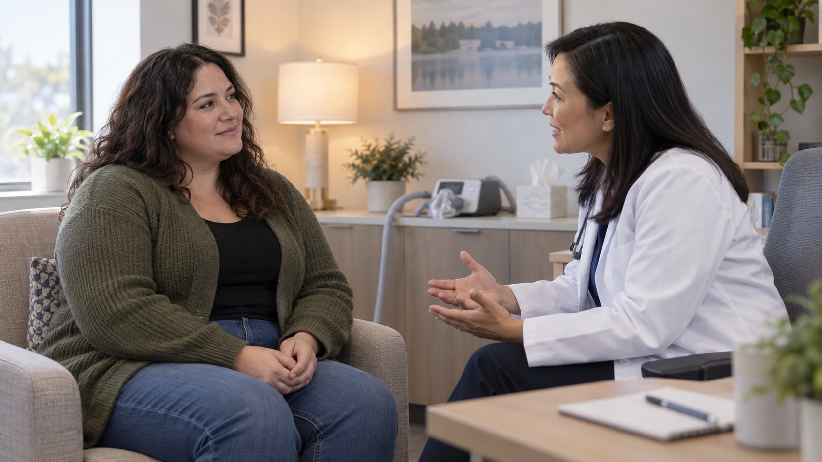 Adult woman speaking with a sleep clinician.