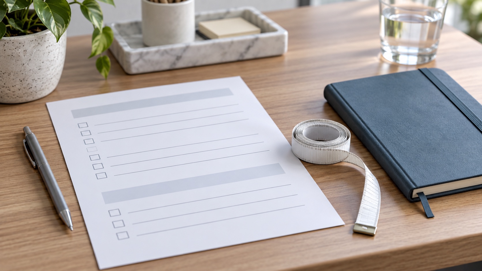 Blank screening form and unmarked tape measure on a desk.