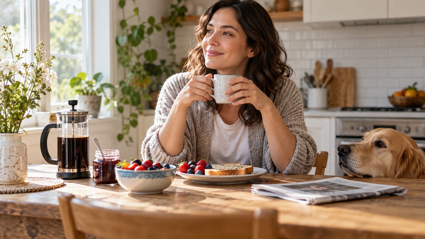 Adult having breakfast at a kitchen table in morning light.