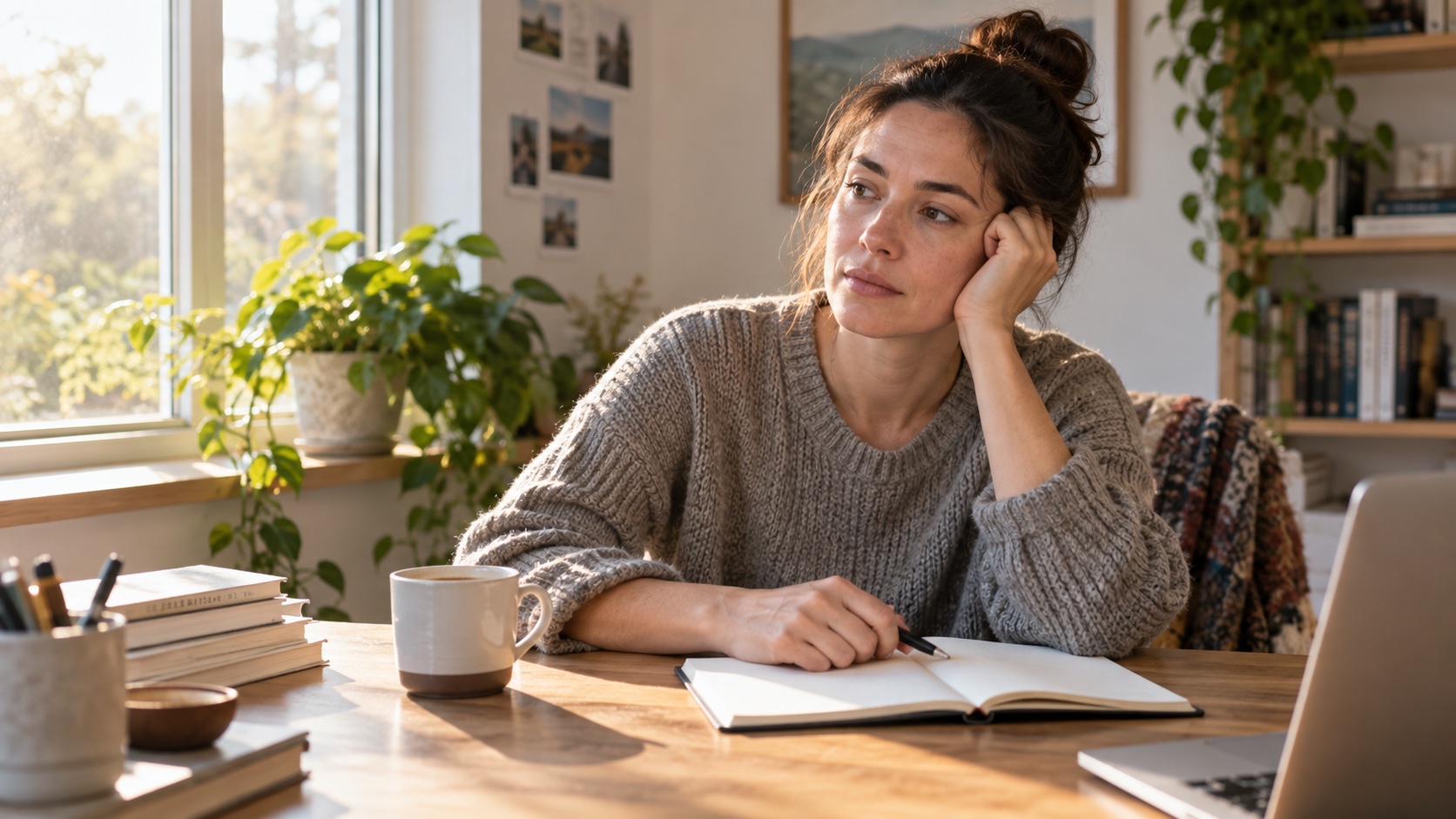 Adult pausing at a desk in the morning.