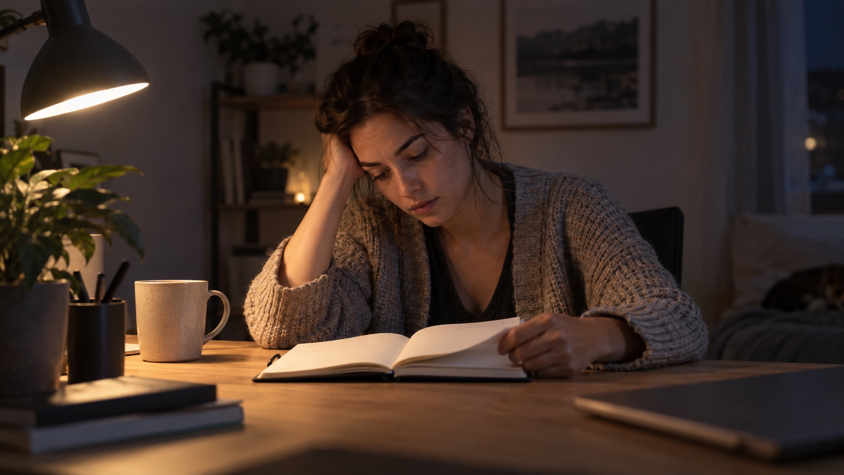 Adult reviewing a blank notebook late in the evening.
