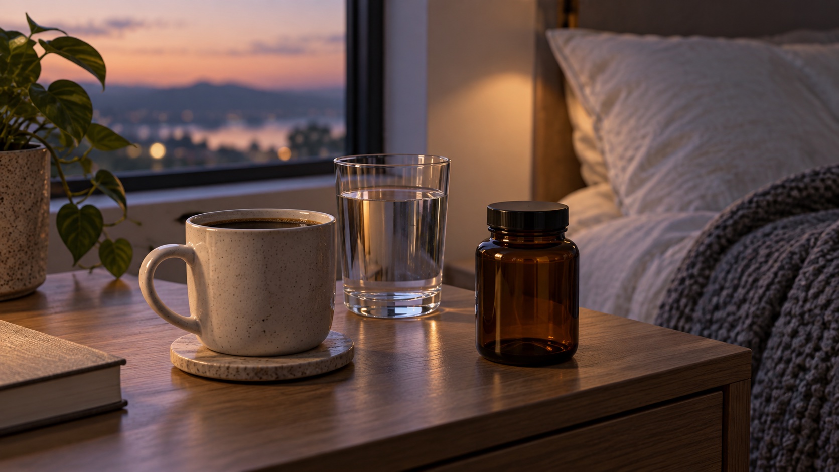 Coffee cup, water glass and unmarked closed jar on a bedside table.