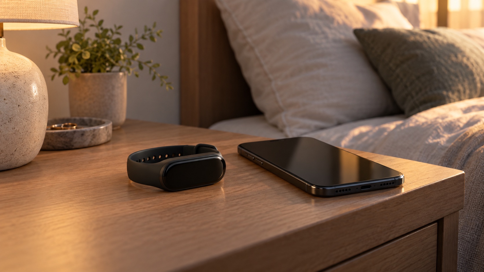Unbranded wearable and dark-screen phone on a nightstand.