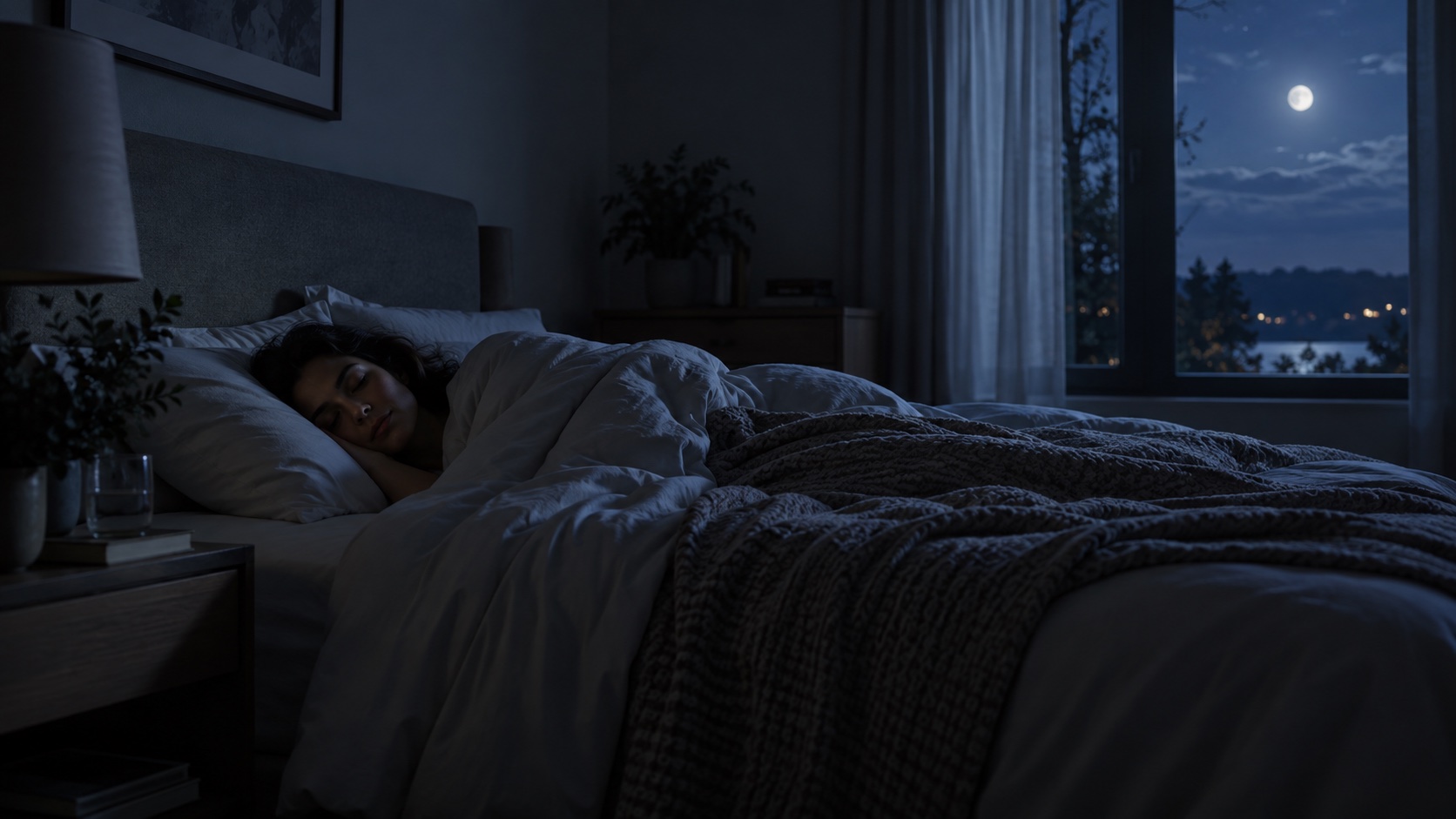 Adult sleeping in a darkened bedroom.