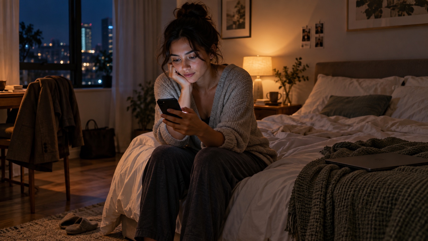 Adult sitting up late with a dark phone in hand.