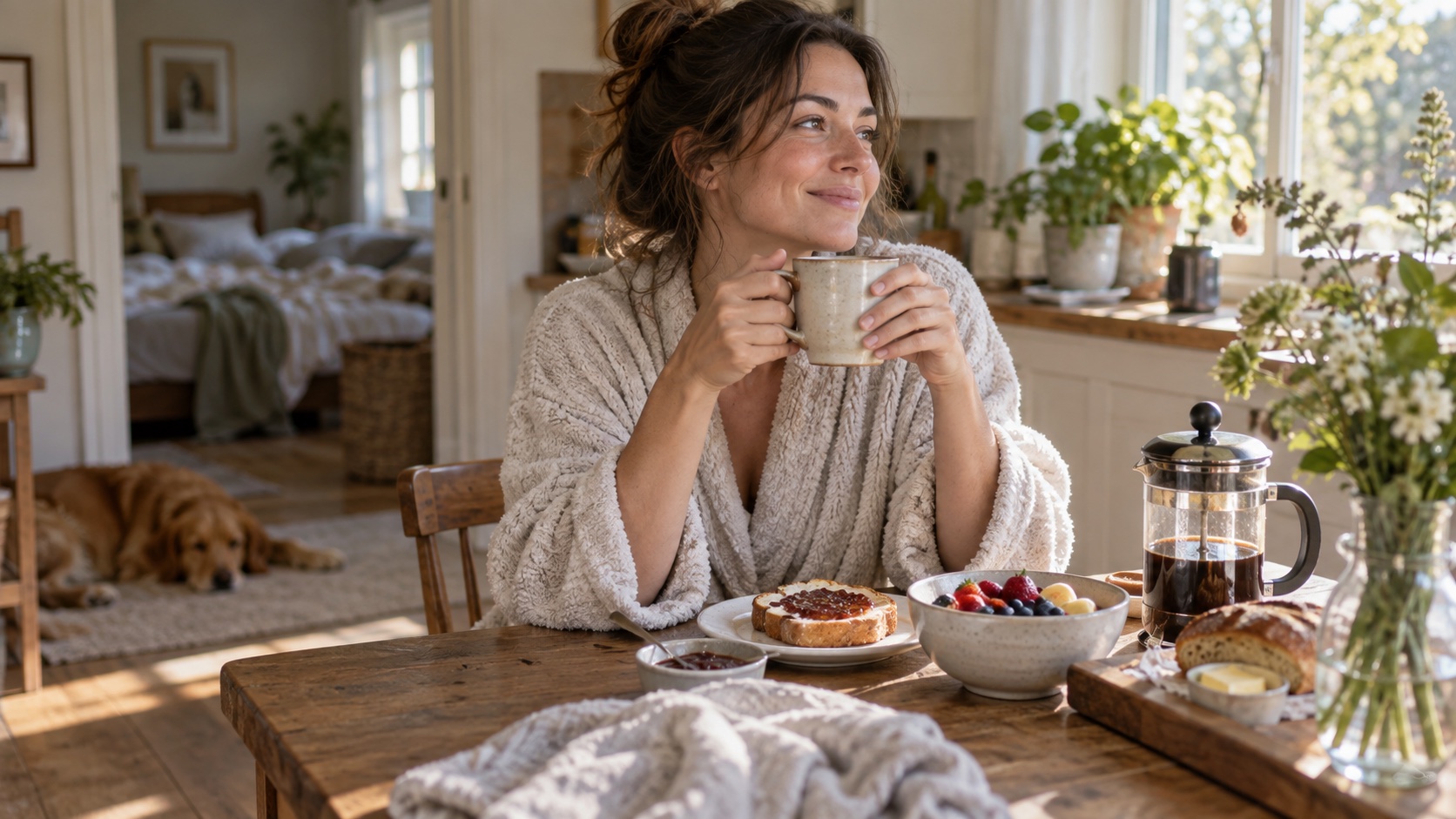 Adult having breakfast at home on a relaxed weekend morning.