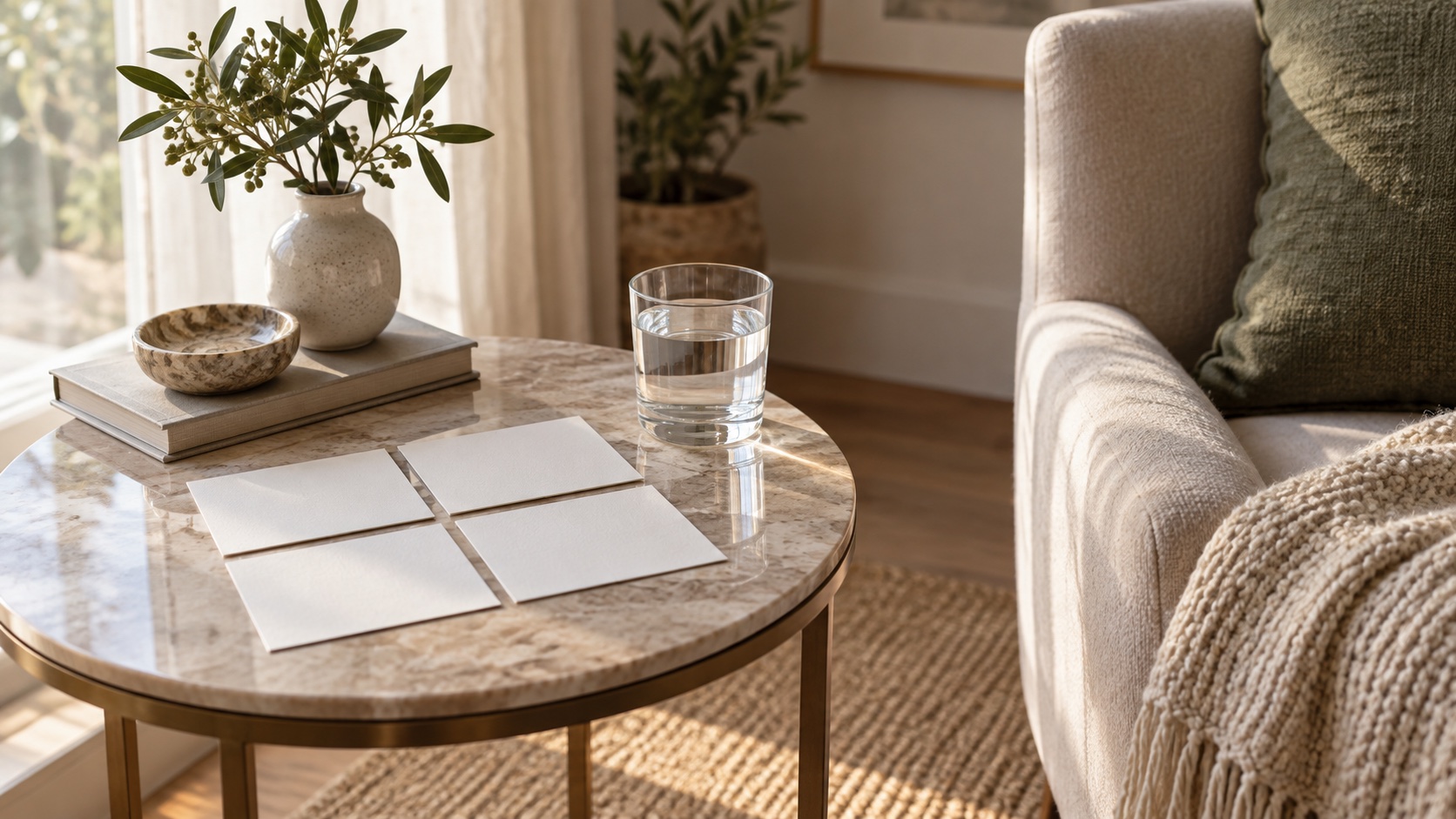 Four blank cards beside a chair and a glass of water.