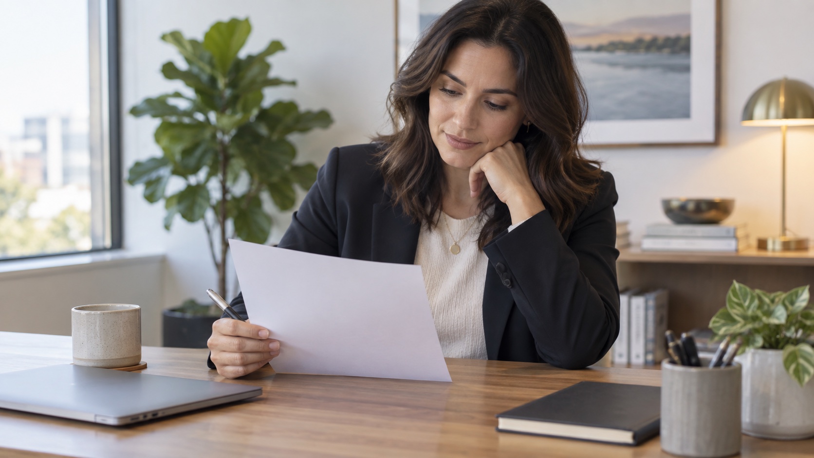 Professional reviewing a blank self-reflection worksheet.
