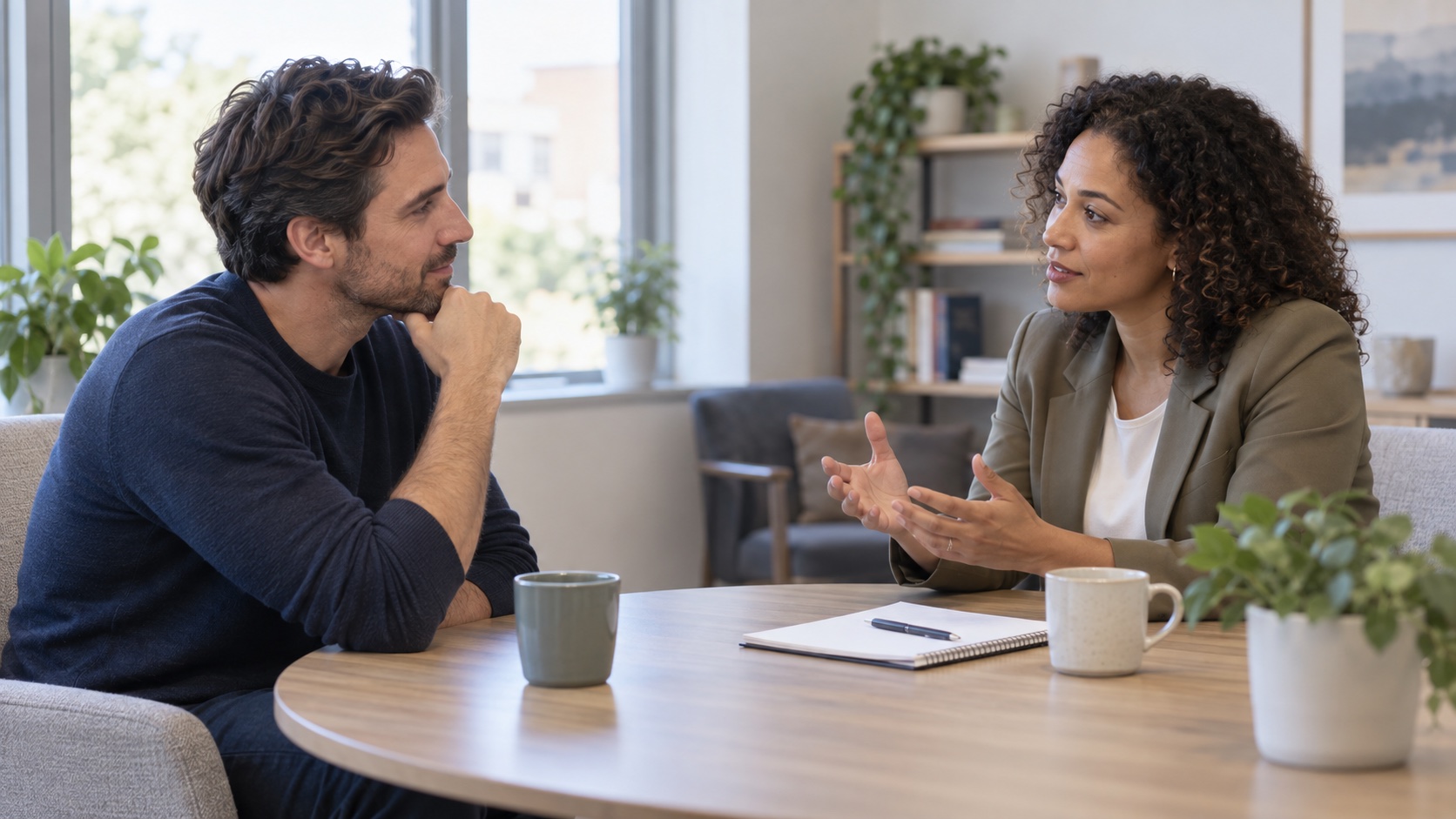 Adult talking with an adviser in a neutral office.