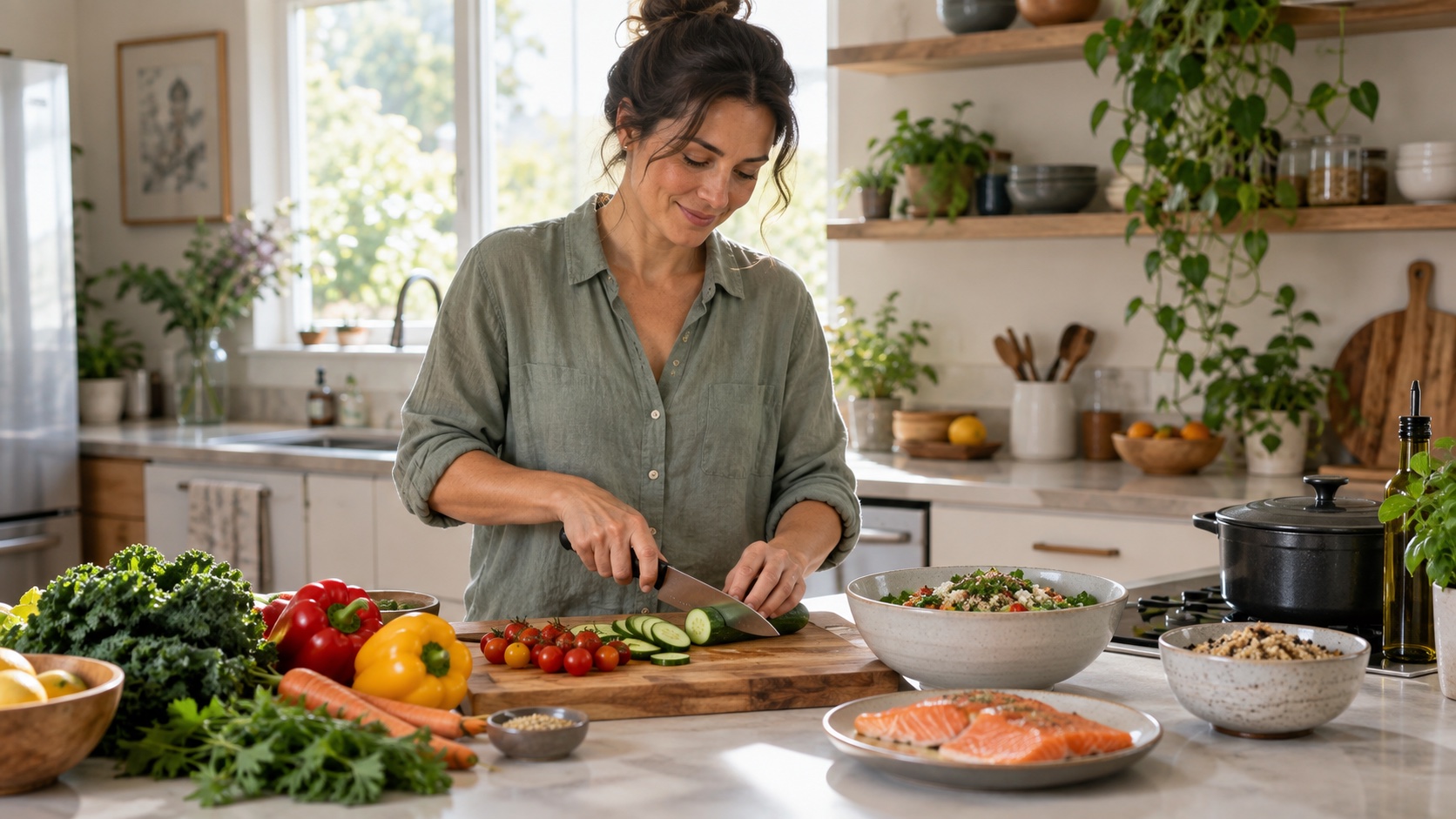 Adult preparing a meal at a home kitchen counter.