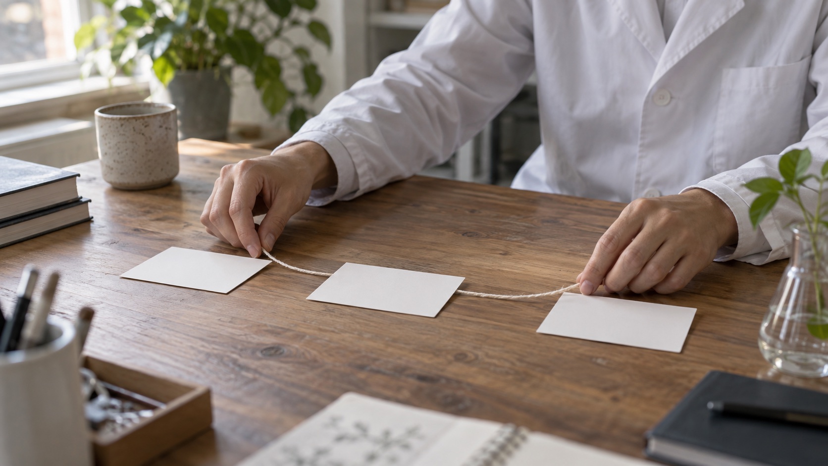 Hands arranging three blank cards linked by thread.