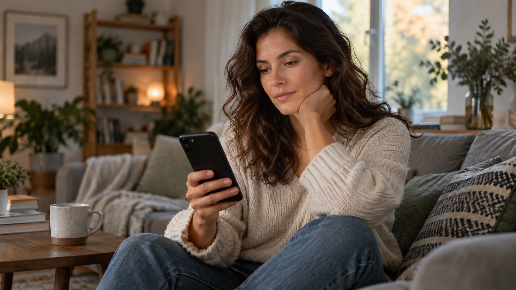 Adult looking at a phone with its screen turned away.