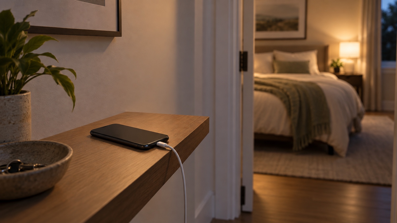 Phone charging on a hallway shelf outside a bedroom.