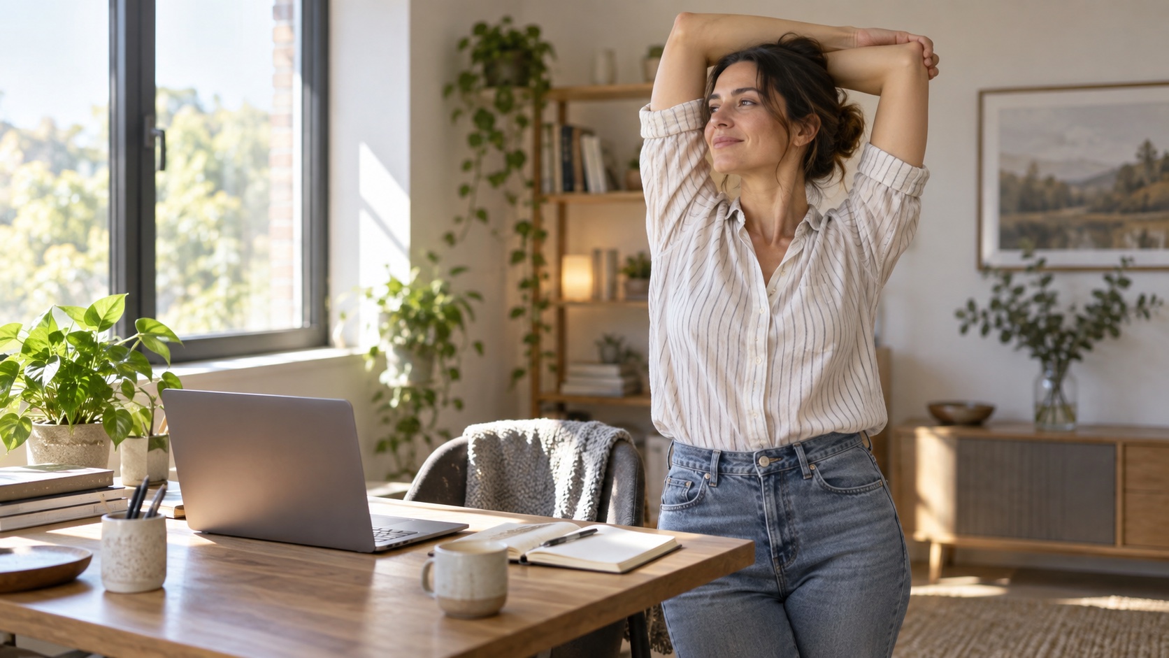 Adult standing and stretching beside a desk.