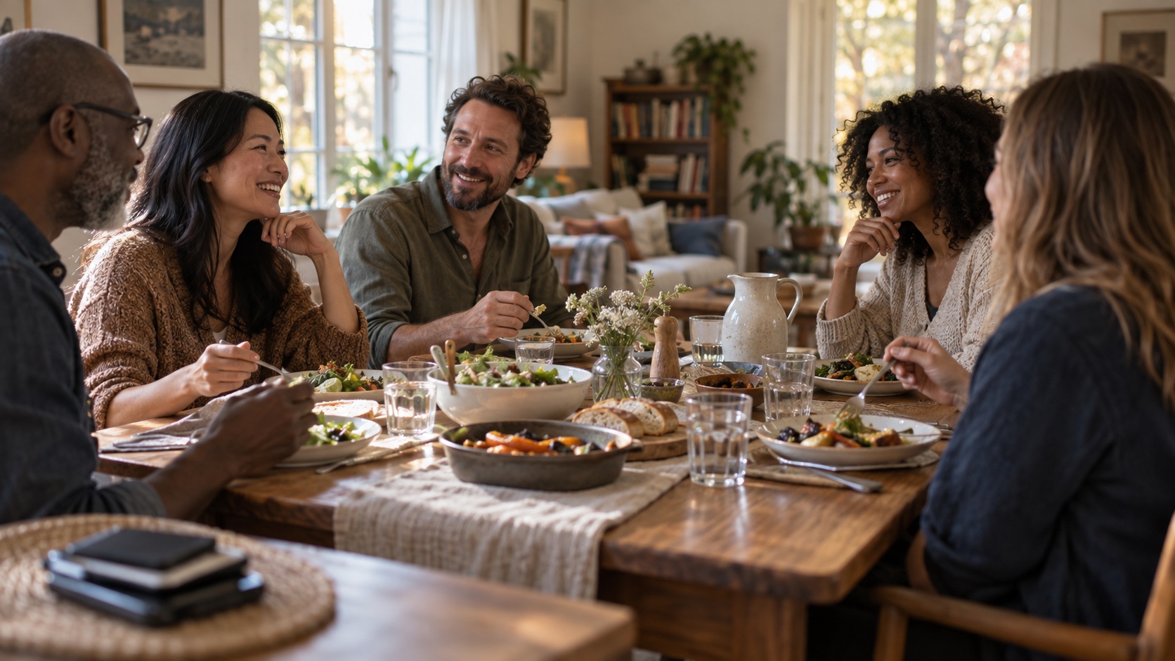 Adults sharing a meal at home on a quiet day.