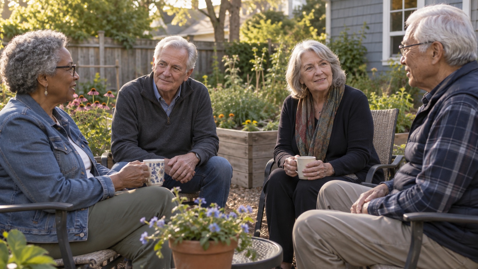 Older adults talking outdoors in a neighborhood garden.