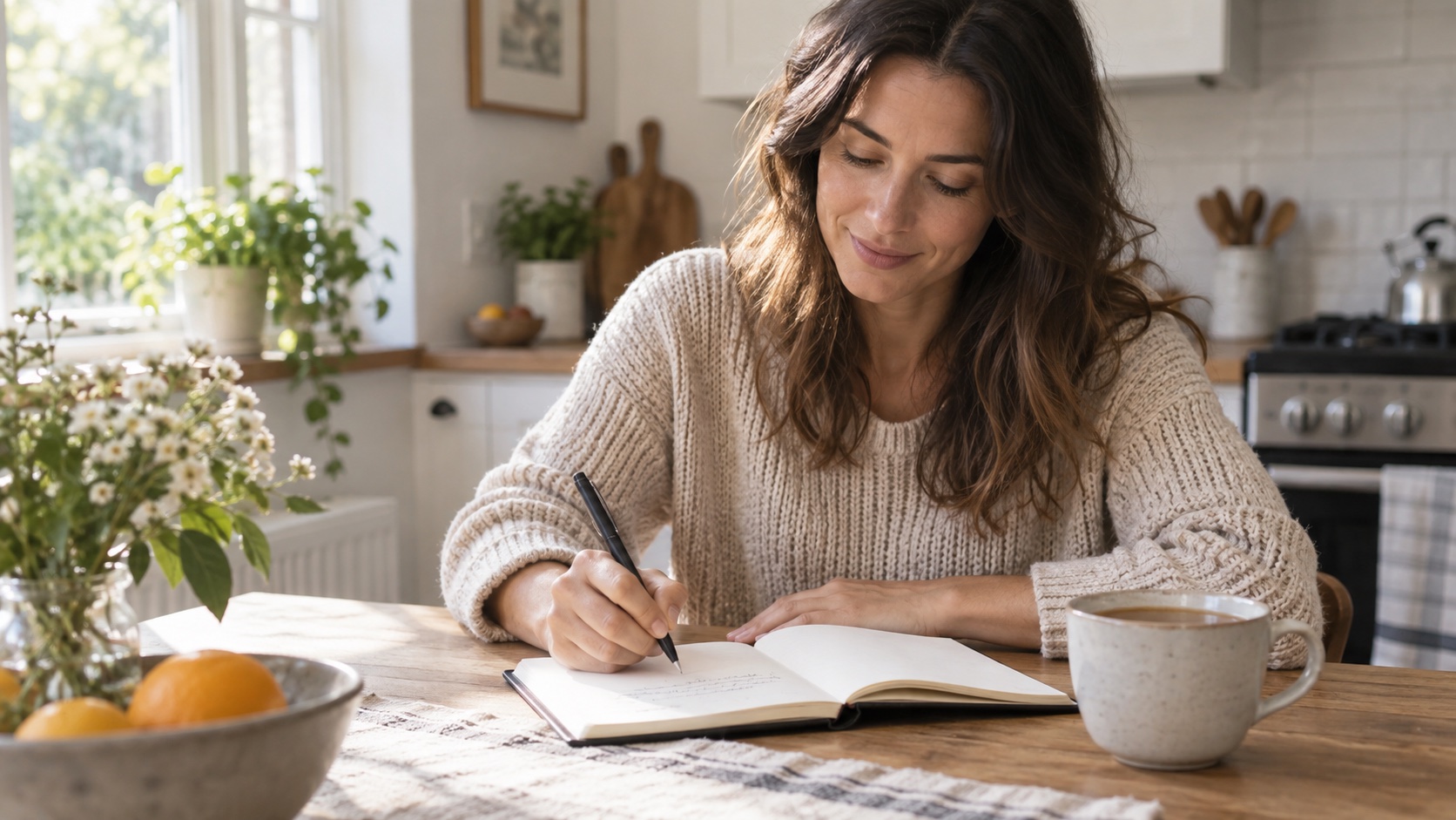 Adult writing in a journal at a kitchen table.